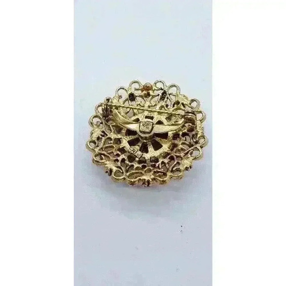 Victorian Revival Gold Cameo Brooch Celluloid & Faux Pearl Filigree Vintage - Picture 4 of 7